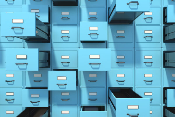 Data,Archive,Storage.,Blue,Filing,Cabinets,With,Open,Drawers,Background.