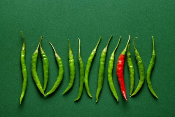 Green,Chilli,Peppers,Lined,Up,With,A,Single,Red,Hot