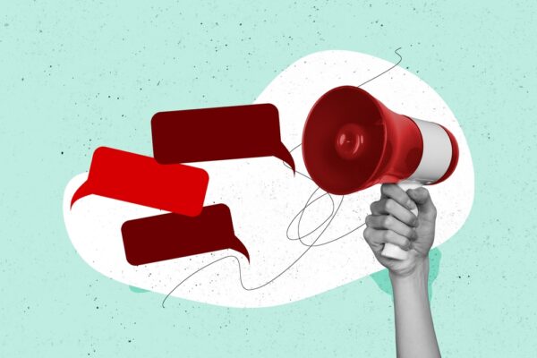 Collage,Picture,Of,Black,White,Colors,Arm,Hold,Loudspeaker,Communicate