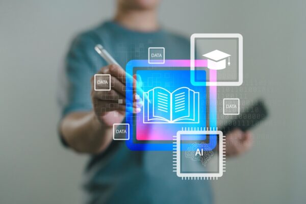 Woman,Using,Ai,Education,Platform,With,Digital,Book,And,Data